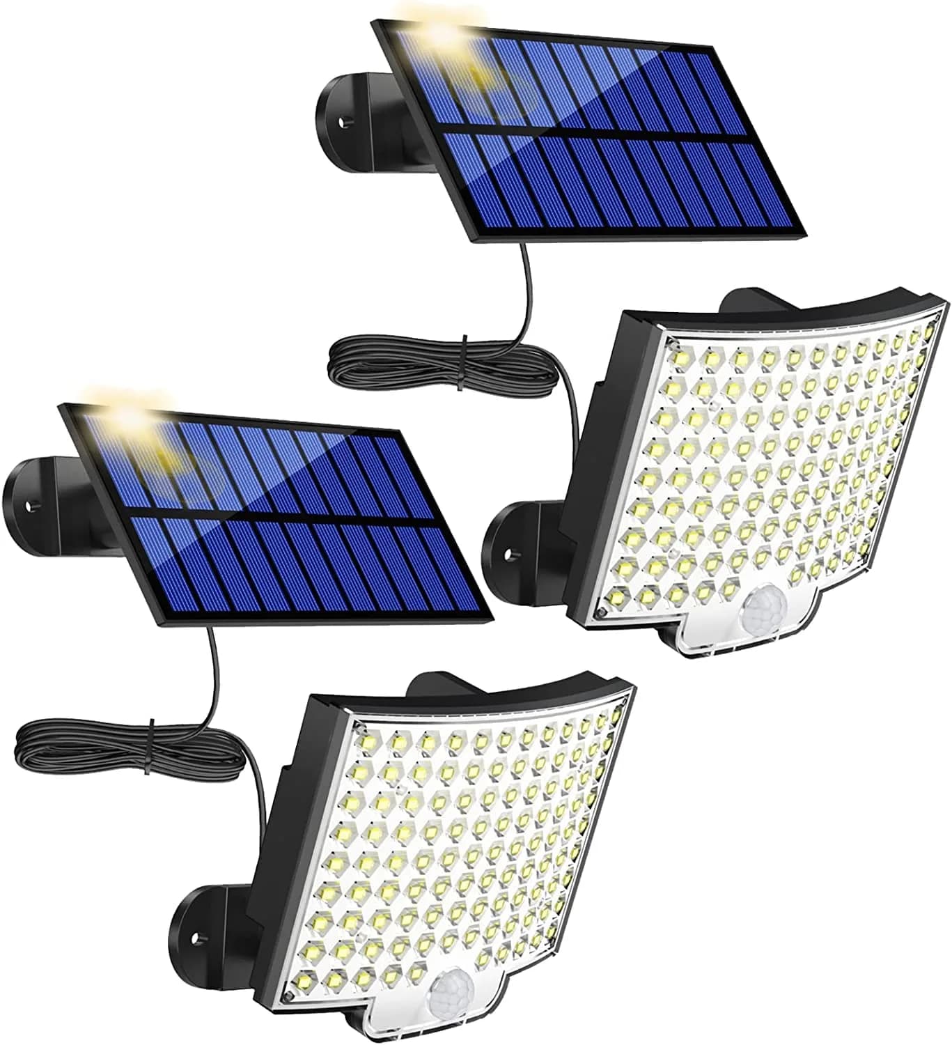 MPJ Solar Wall Light Outdoor with Motion Sensor, 106 LED, 16.5 ft Cable, 2 Pack | Split Panel Design for Brighter Nights — Black