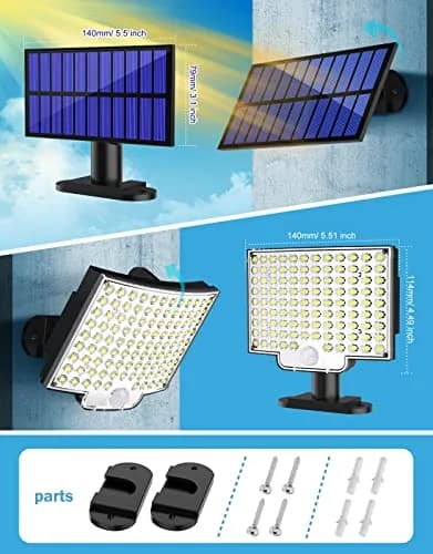 MPJ Solar Wall Light Outdoor with Motion Sensor, 106 LED, 16.5 ft Cable, 2 Pack | Split Panel Design for Brighter Nights thumbnail 6