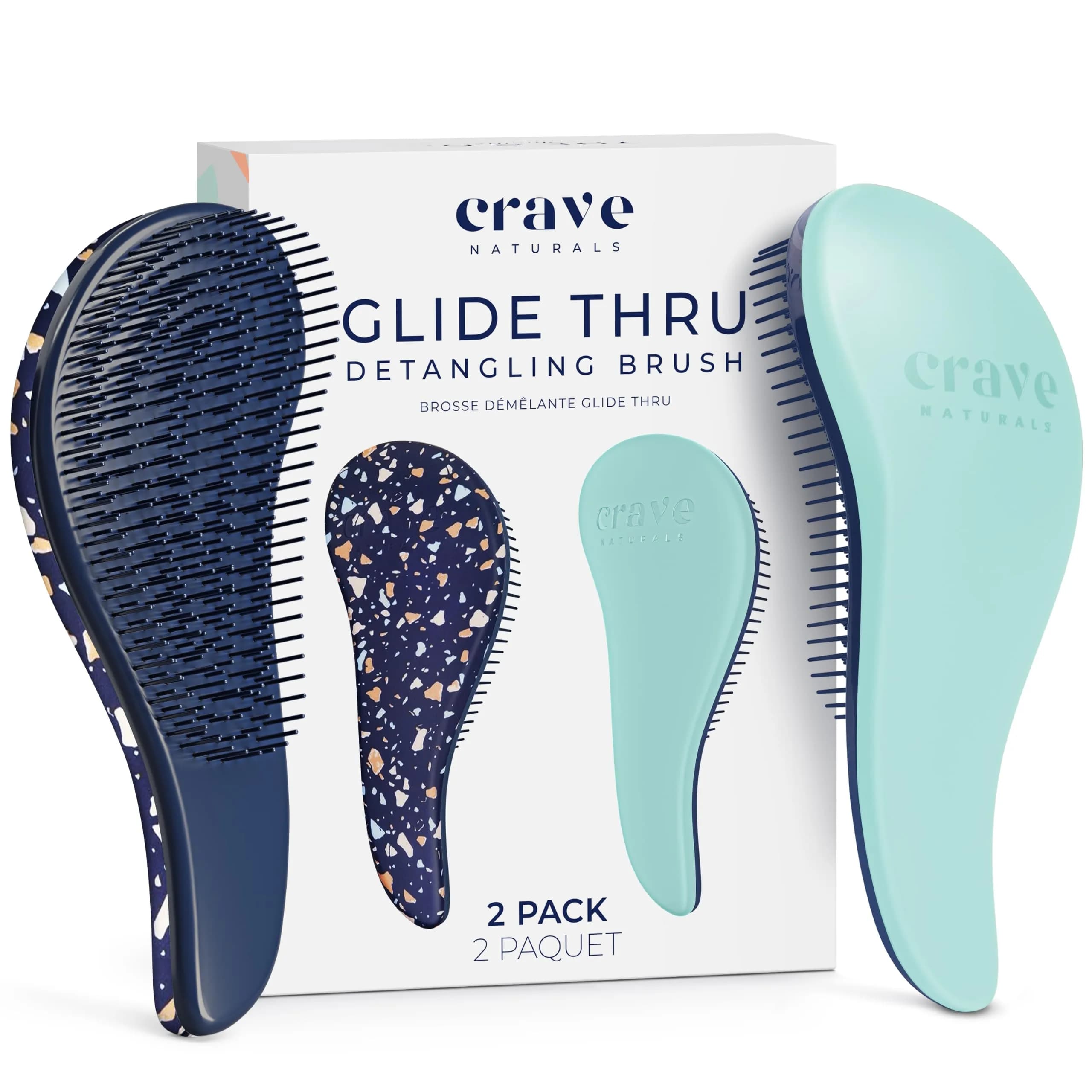 Crave Naturals Glide Thru Hair Brush - Detangler Brush for Curly, Straight, Wet or Dry Hair - Gentle Detangling Brushes for Adults, Kids, Toddlers - Hair Accessories for Women, 19cm (7.5") x 7.6cm (3") - Purple — Navy Terrazzo & Turquoise / (Regular)