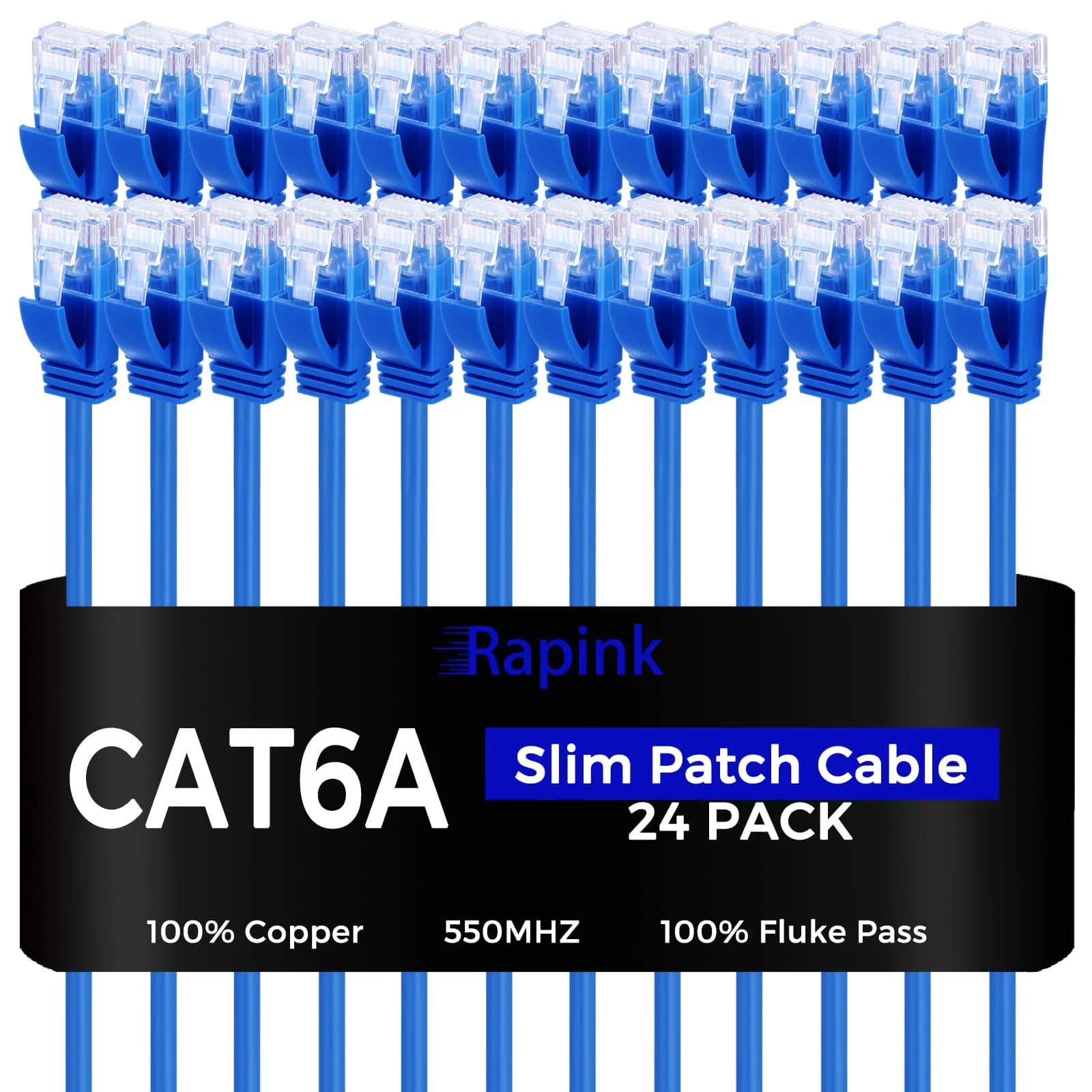 Rapink Cat6a Ethernet Patch Cable 1ft | Slim, 10G Support, Snagless, Gold Plated — Blue