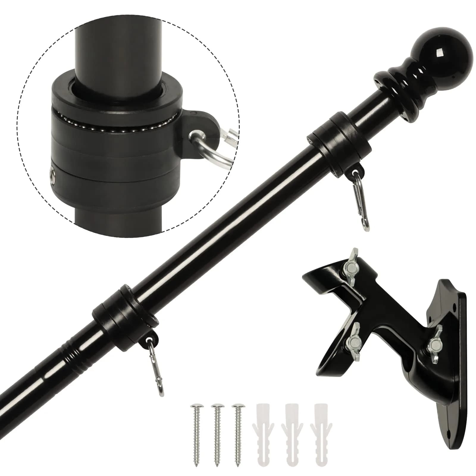 NELXINJO 5ft Black Stainless Steel Flag Pole Kit with Bracket | Anti-Wrap Spinning Design - main product image