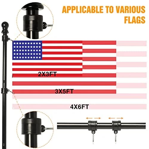 NELXINJO 5ft Black Stainless Steel Flag Pole Kit with Bracket | Anti-Wrap Spinning Design thumbnail 3