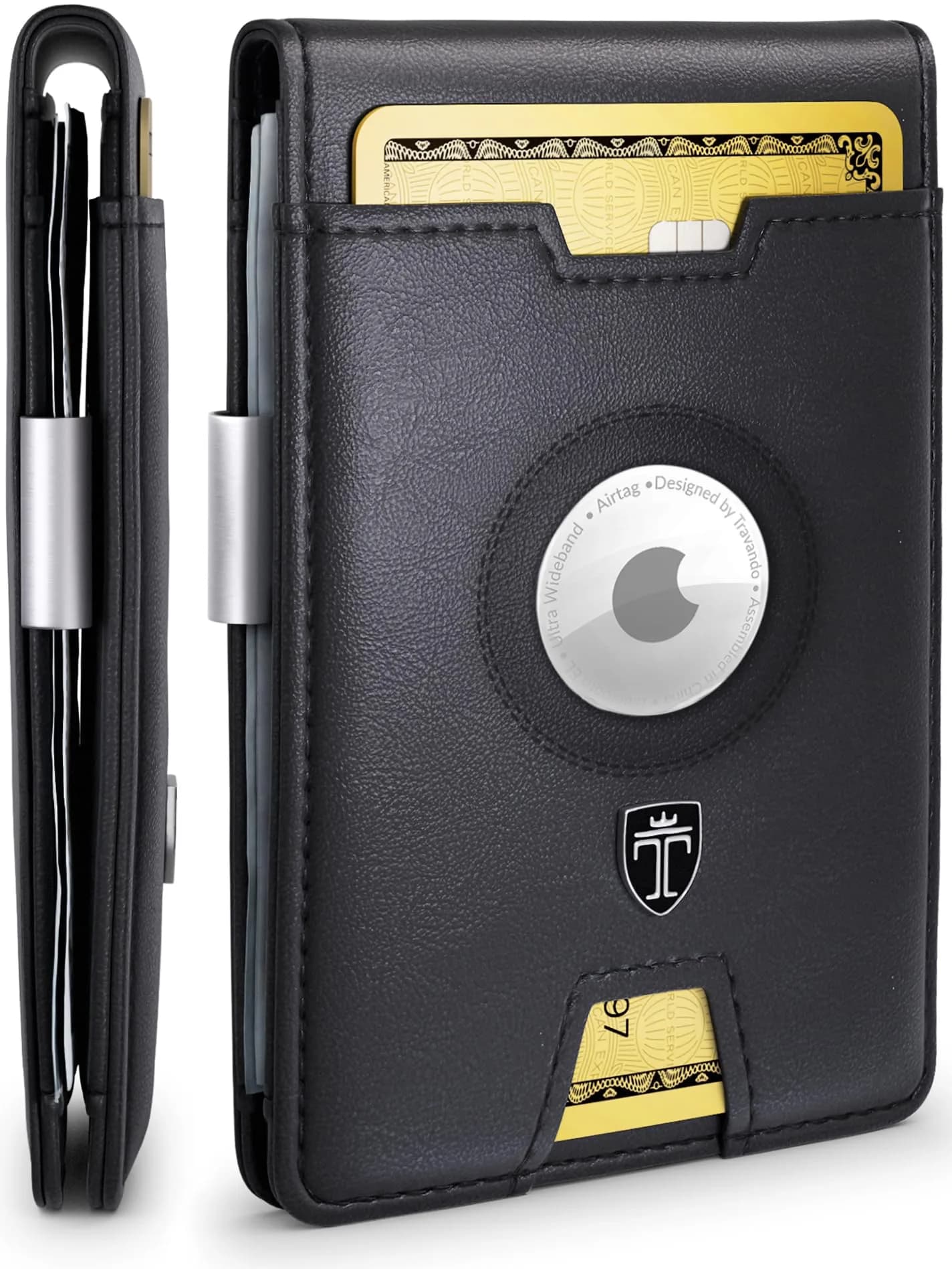 TRAVANDO AirTag Money Clip Wallet with RFID Protection for Men, 11 Cards, Carbon - 11.4cm x 8.1cm x 2.0cm — Black