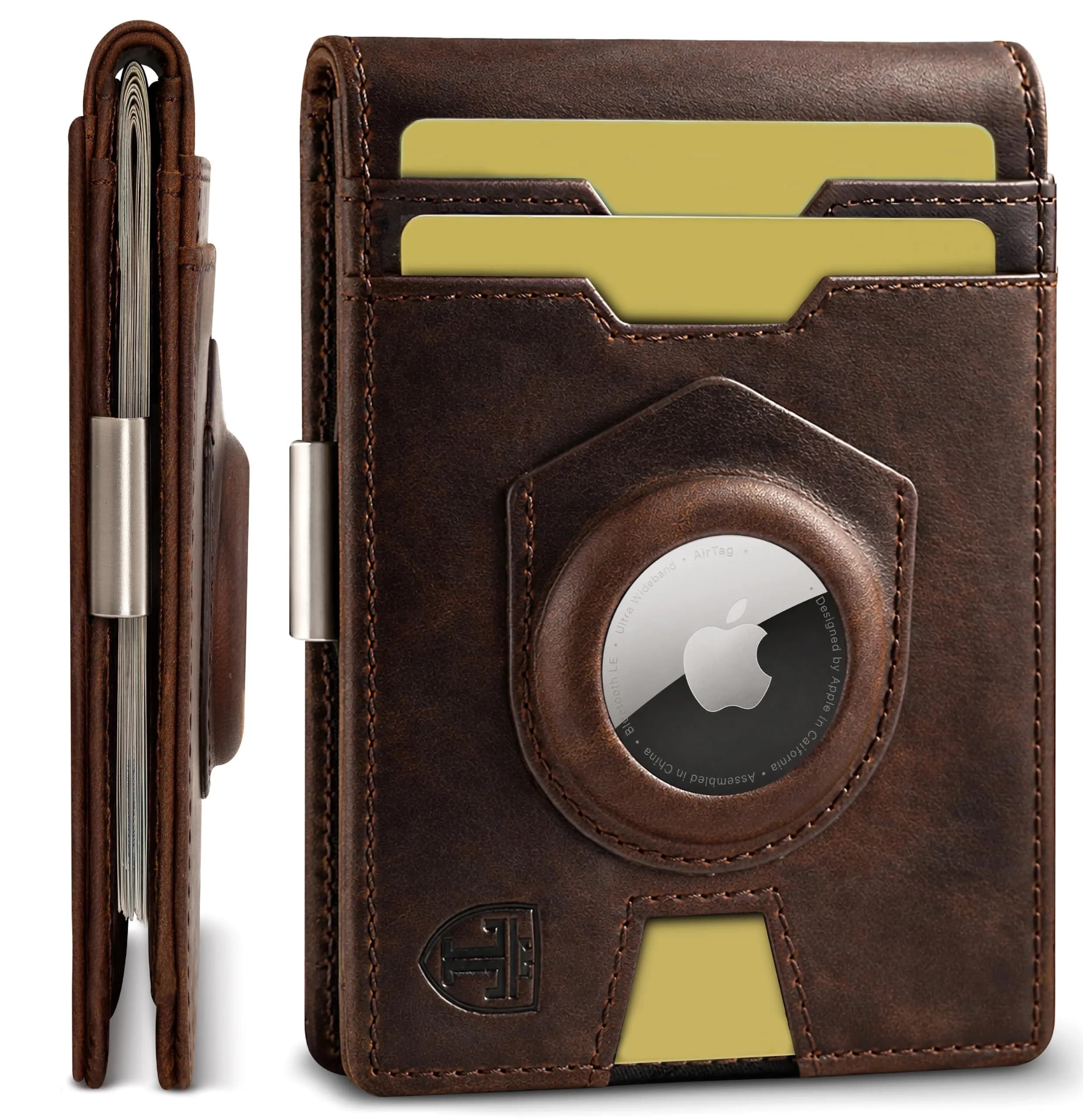 TRAVANDO AirTag Money Clip Wallet with RFID Protection for Men, 11 Cards, Carbon - 11.4cm x 8.1cm x 2.0cm — 2.0 - Vintage Brown
