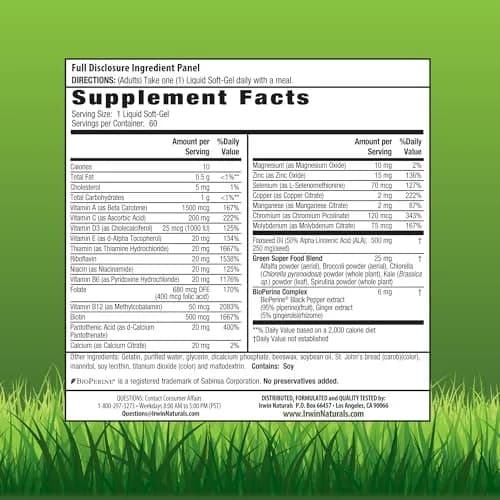 Irwin Naturals Only One Daily Multivitamin Liquid-Gel 60 Count | Iron-Free, Vitamin D3 & Green Super Food thumbnail 2