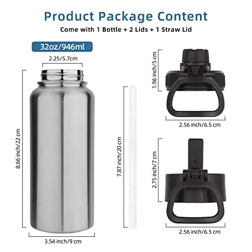 Volhoply 32oz Insulated Water Bottle with Straw Lid, Silver, 1-Pack | Double Wall Vacuum, Keeps Cold 18h thumbnail 4