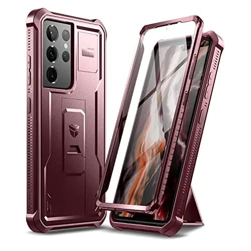 Dexnor Galaxy S21 Ultra Case with Screen Protector & Kickstand | Heavy Duty Shockproof Cover, 6.8 inch, Maroon Red thumbnail 1