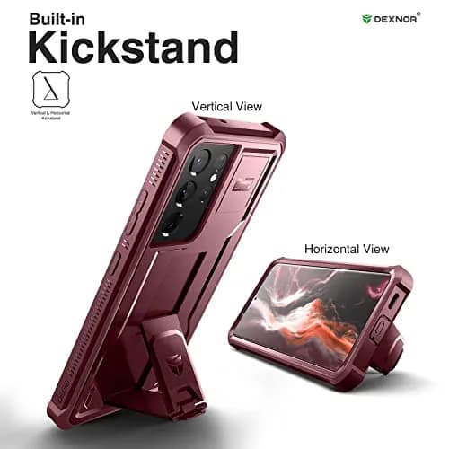 Dexnor Galaxy S21 Ultra Case with Screen Protector & Kickstand | Heavy Duty Shockproof Cover, 6.8 inch, Maroon Red thumbnail 4