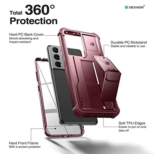 Dexnor Galaxy S21 Ultra Case with Screen Protector & Kickstand | Heavy Duty Shockproof Cover, 6.8 inch, Maroon Red thumbnail 6