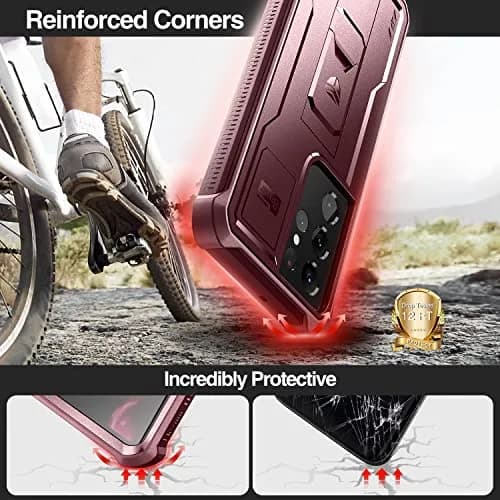 Dexnor Galaxy S21 Ultra Case with Screen Protector & Kickstand | Heavy Duty Shockproof Cover, 6.8 inch, Maroon Red thumbnail 3