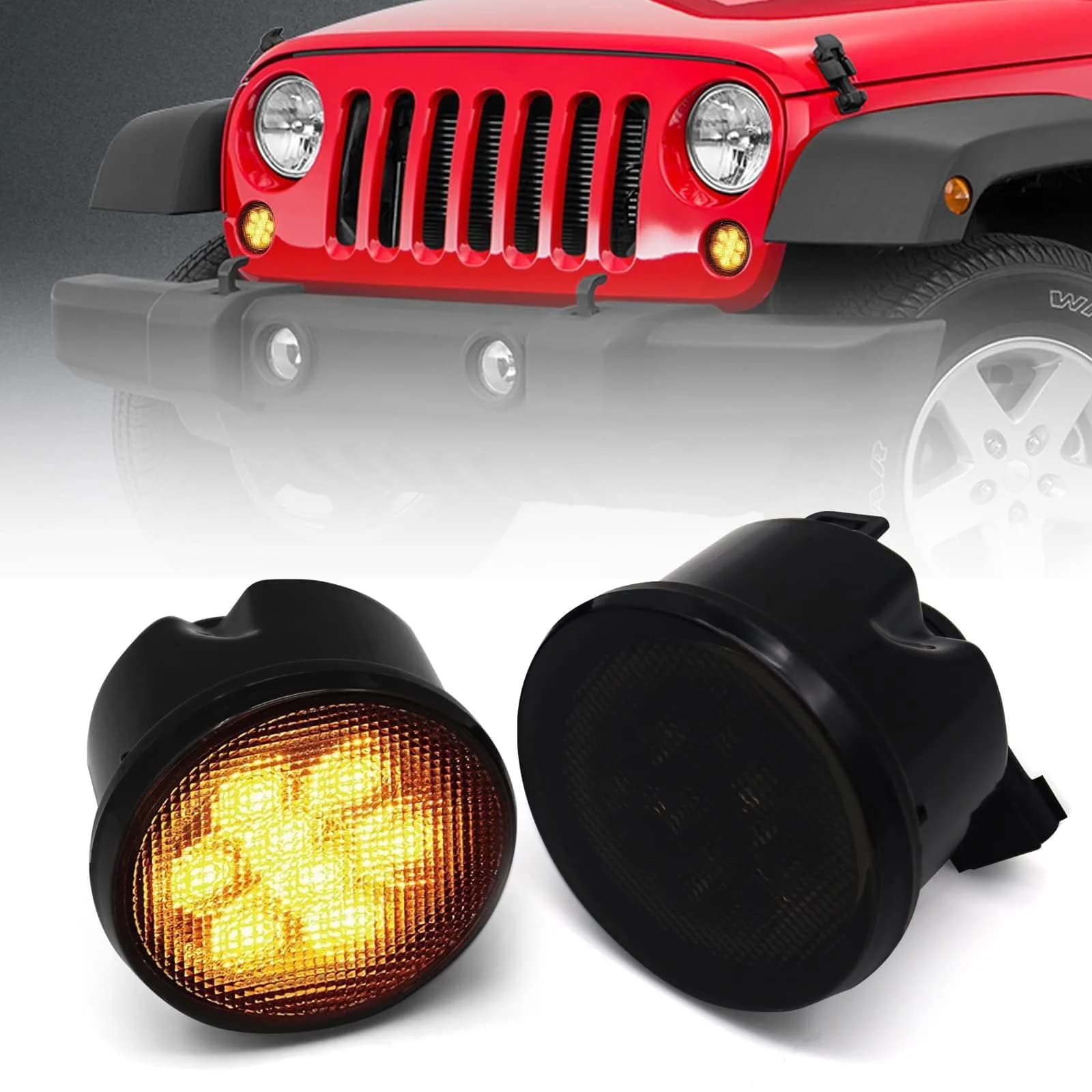 DKMGHT Smoked Lens LED Turn Signal Lights for Jeep Wrangler JK JKU 2007-2018 | Amber LED Front Blinkers Grill Indicator Parking Lamp (Set of 2) — Honycomb Style