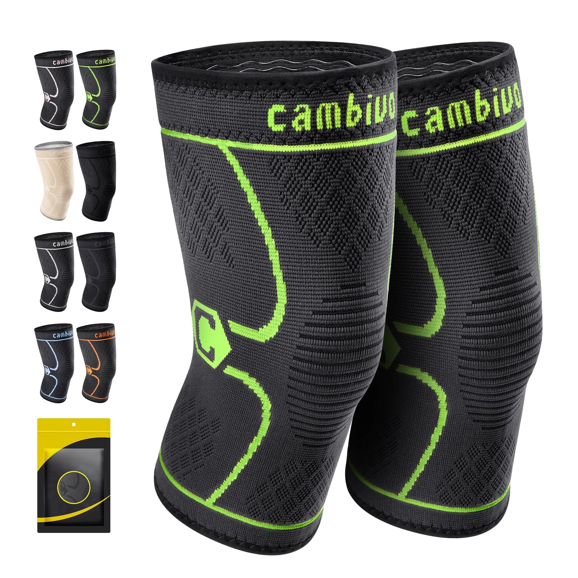 CAMBIVO 2 Pack Knee Brace Compression Sleeve for Men & Women, Green Small | Orthopedic Brace