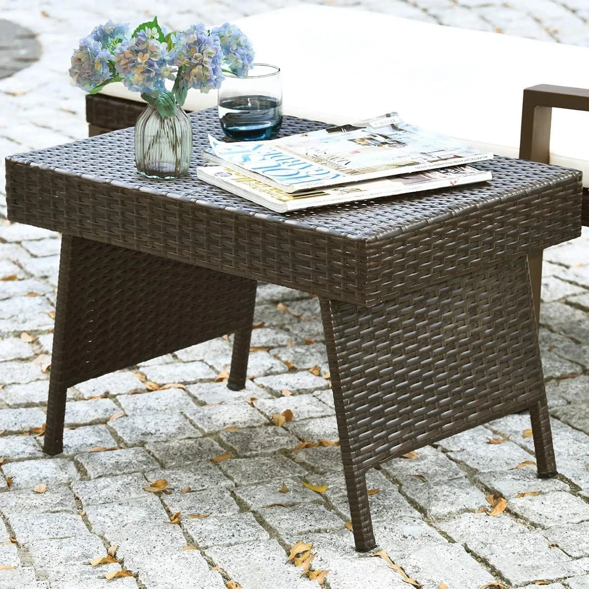 HAPPYGRILL Outdoor Wicker Table Folding Rattan Side Table 24" x 16" | Foldable & Sun Resistant - main product image