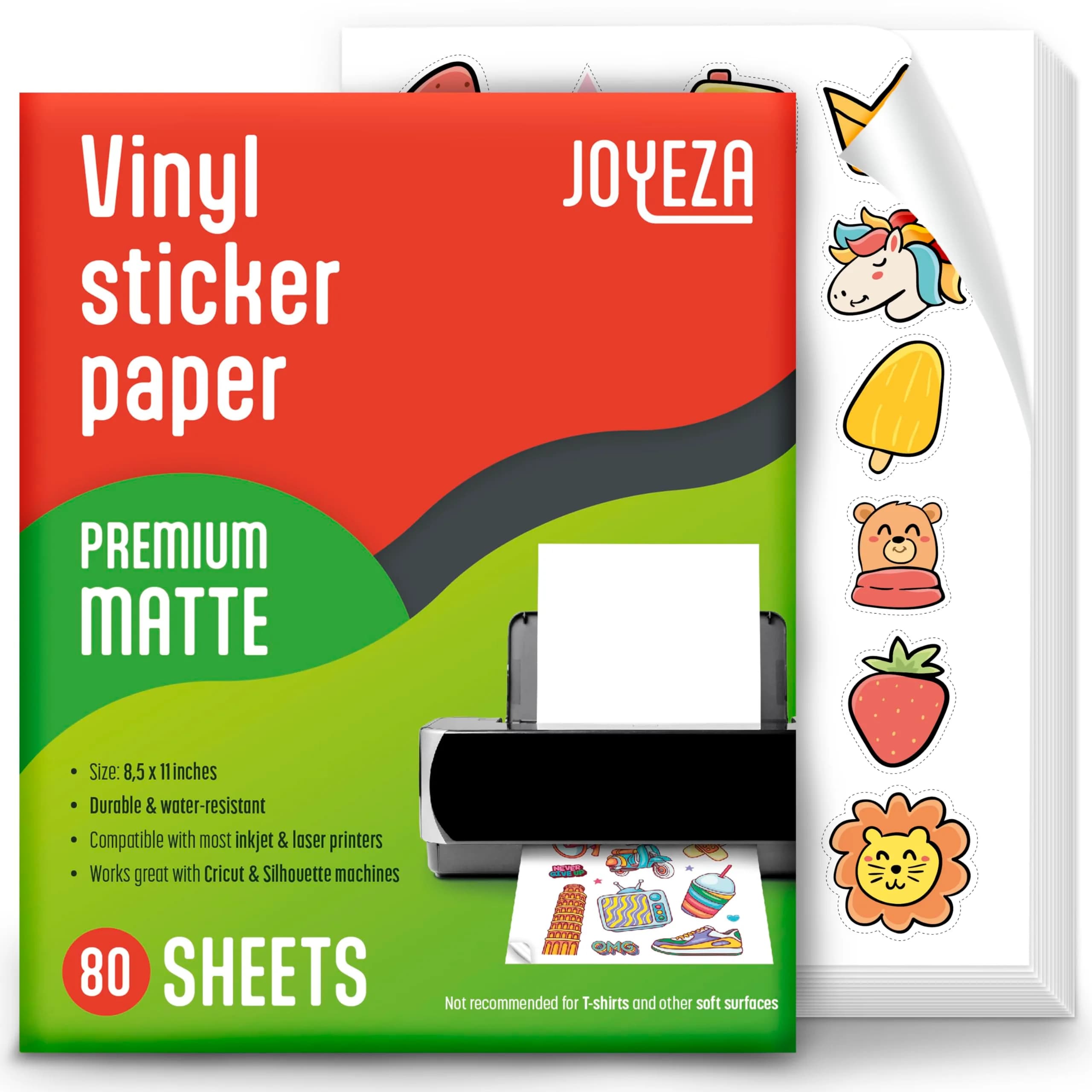JOYEZA Printable Vinyl Sticker Paper for Inkjet Printer 80 Sheets Matte White Waterproof | Waterproof, Quick-Dry, Vivid Colors