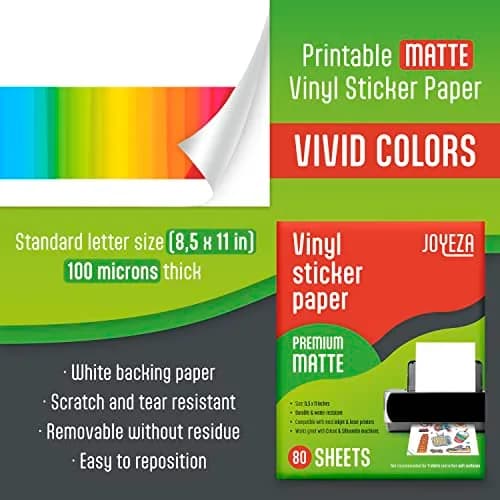 JOYEZA Printable Vinyl Sticker Paper for Inkjet Printer 80 Sheets Matte White Waterproof | Waterproof, Quick-Dry, Vivid Colors thumbnail 2