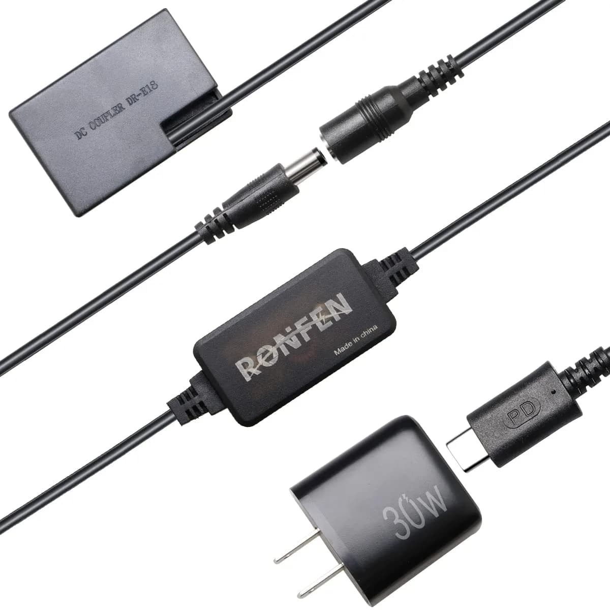 RONFEN DR-E18 USB-C PD Adapter Kit for Canon Cameras | 1.2M Cable, 30W Output - main product image