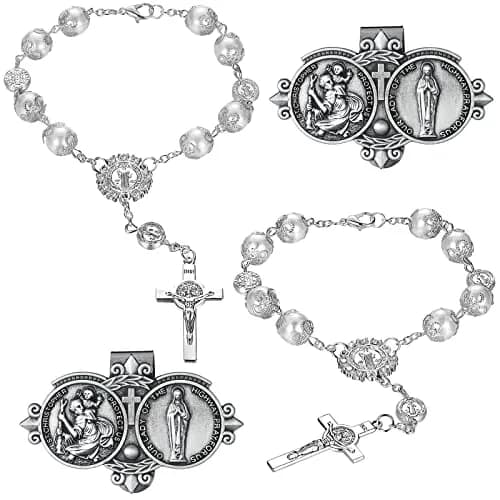 Frienda Silver 4 Pcs Car Rosary & St Christopher Visor Clip Set | Rearview Mirror Hang Auto Rosary with Blessings thumbnail 1