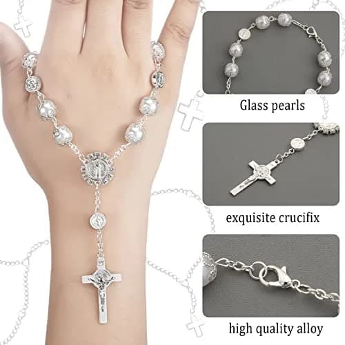 Frienda Silver 4 Pcs Car Rosary & St Christopher Visor Clip Set | Rearview Mirror Hang Auto Rosary with Blessings thumbnail 3