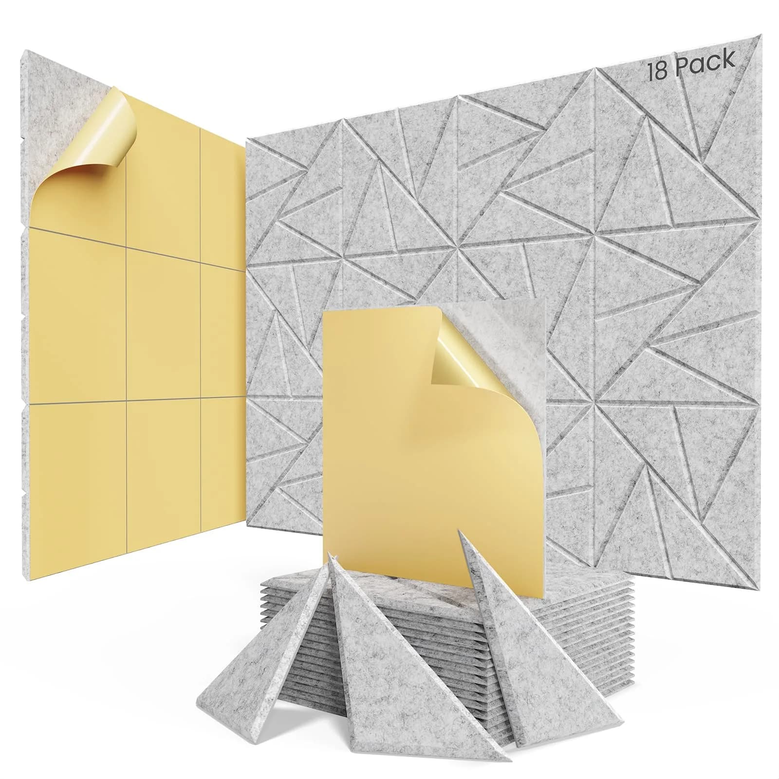 ROOME 18 Pack Self-Adhesive Acoustic Panels | Soundproof Foam for Walls, 0.4 Inch Thick, Gray | Noise Absorption