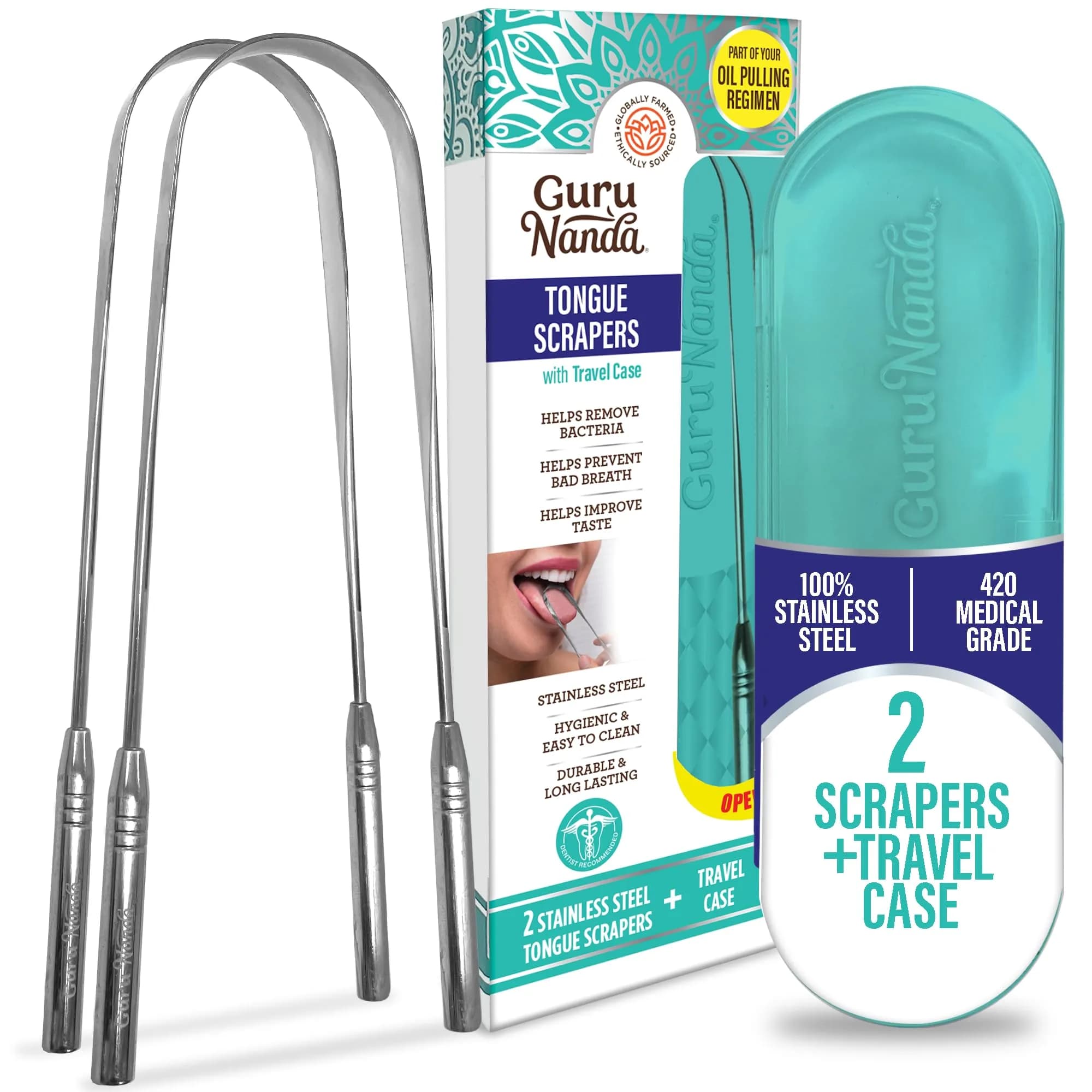 GuruNanda Kids Tongue Scraper 2-Pack | Stainless Steel, Travel Case, Kid-Friendly Design — U Shaped