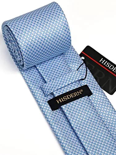 HISDERN Baby Blue Plaid Men's Silk Tie & Pocket Square Set | Classic Formal Necktie for Weddings & Business thumbnail 7