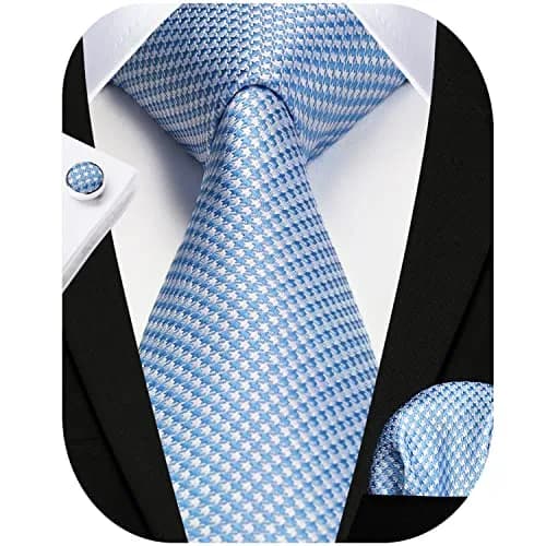 HISDERN Baby Blue Plaid Men's Silk Tie & Pocket Square Set | Classic Formal Necktie for Weddings & Business thumbnail 9