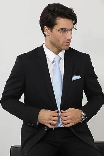 HISDERN Baby Blue Plaid Men's Silk Tie & Pocket Square Set | Classic Formal Necktie for Weddings & Business thumbnail 2