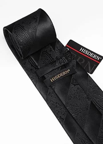 HISDERN Black Stripe Tie Set for Men with Pocket Square & Cufflinks | 8.5 cm (3.4") x 150 cm (59") thumbnail 5