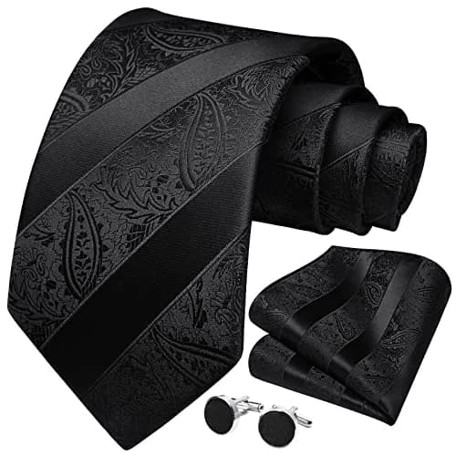 HISDERN Black Stripe Tie Set for Men with Pocket Square & Cufflinks | 8.5 cm (3.4") x 150 cm (59") thumbnail 3