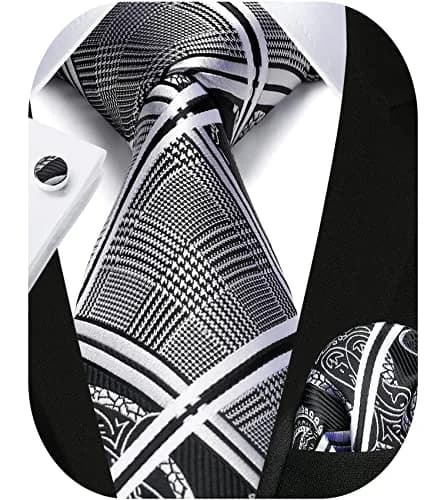 HISDERN Stripe Necktie Set for Men, Black & White Silk Blend Tie 8.5 cm (3.4") x 150 cm (59") | Formal Business Wedding thumbnail 8