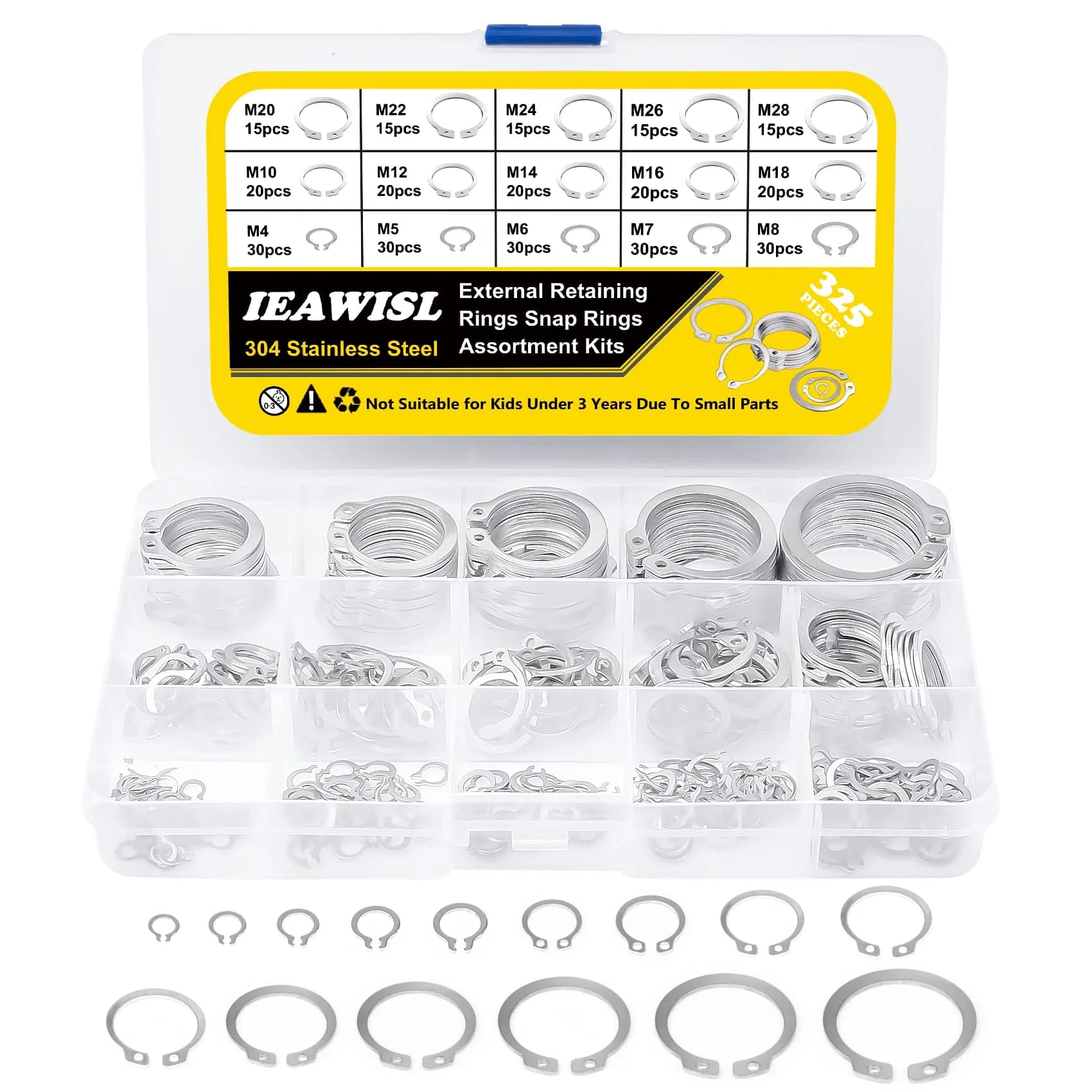 IEAWISL 325 PCS External Snap Rings M4-M28 | Black Alloy Steel Circlips for Axles & Shafts — Silver