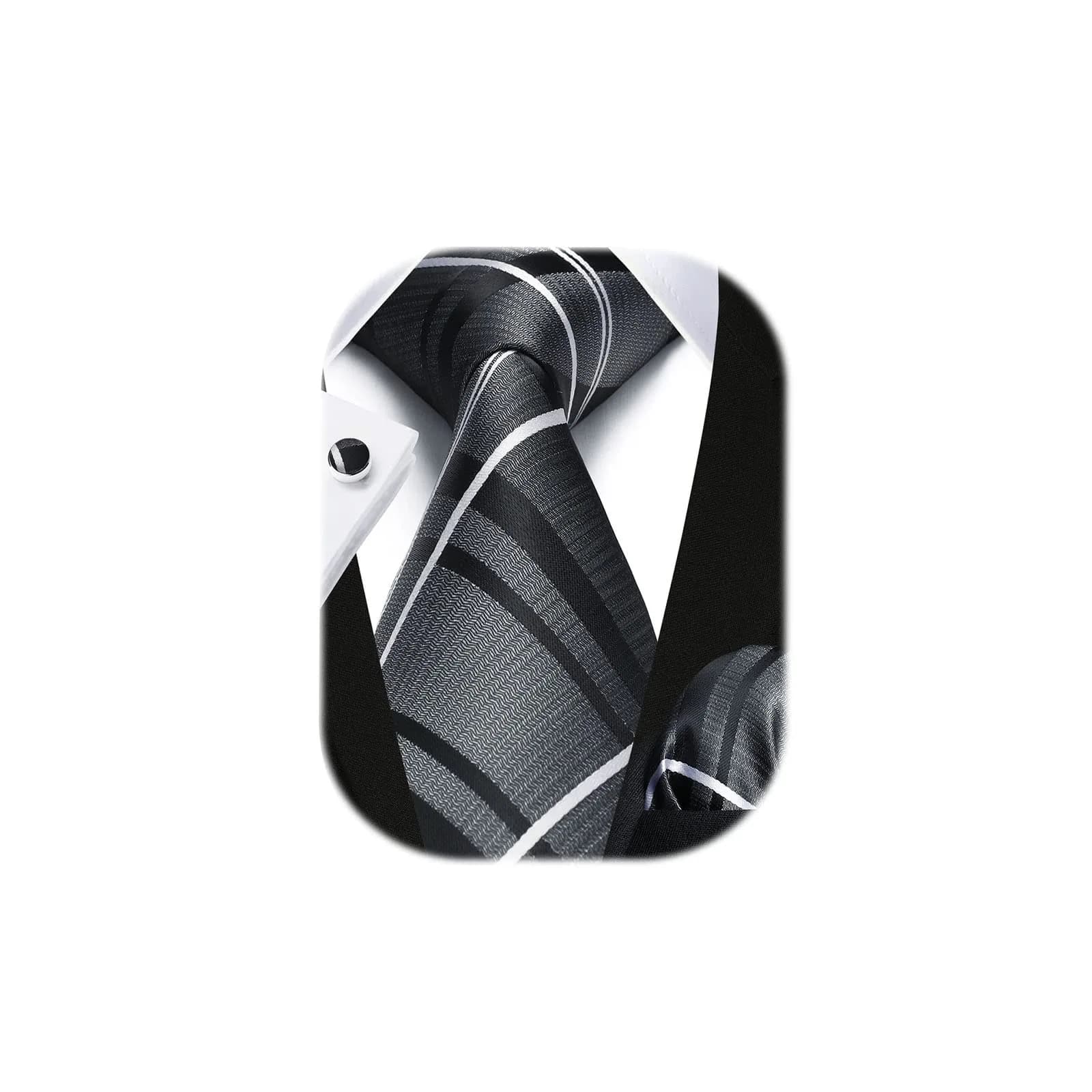 HISDERN Stripe Necktie Set for Men, Black & White Silk Blend Tie 8.5 cm (3.4") x 150 cm (59") | Formal Business Wedding — 01-gray1
