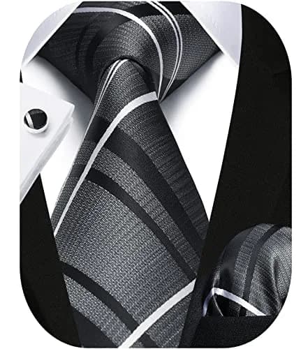HISDERN Gray and Black Stripe Tie Set for Men — 8.5 cm (3.4") Wide, 150 cm (59") Long thumbnail 9