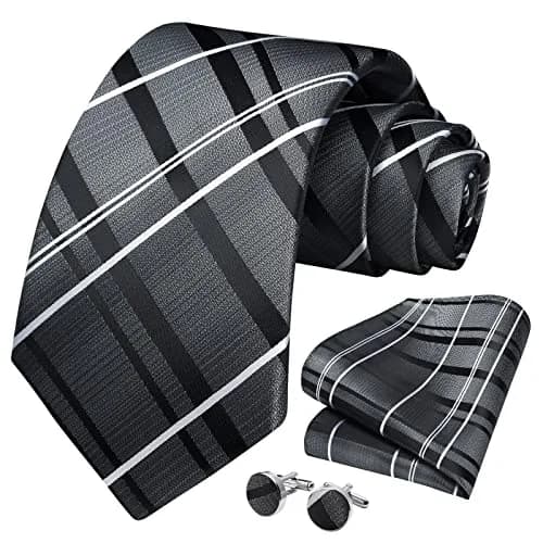 HISDERN Gray and Black Stripe Tie Set for Men — 8.5 cm (3.4") Wide, 150 cm (59") Long thumbnail 3