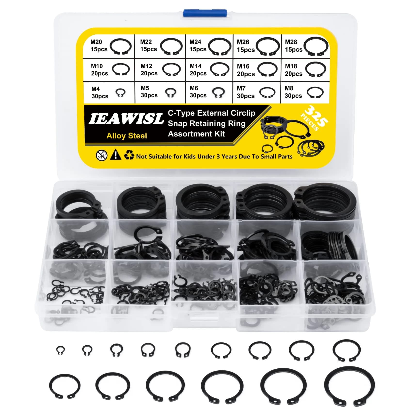 IEAWISL 325 PCS External Snap Rings M4-M28 | Black Alloy Steel Circlips for Axles & Shafts - main product image