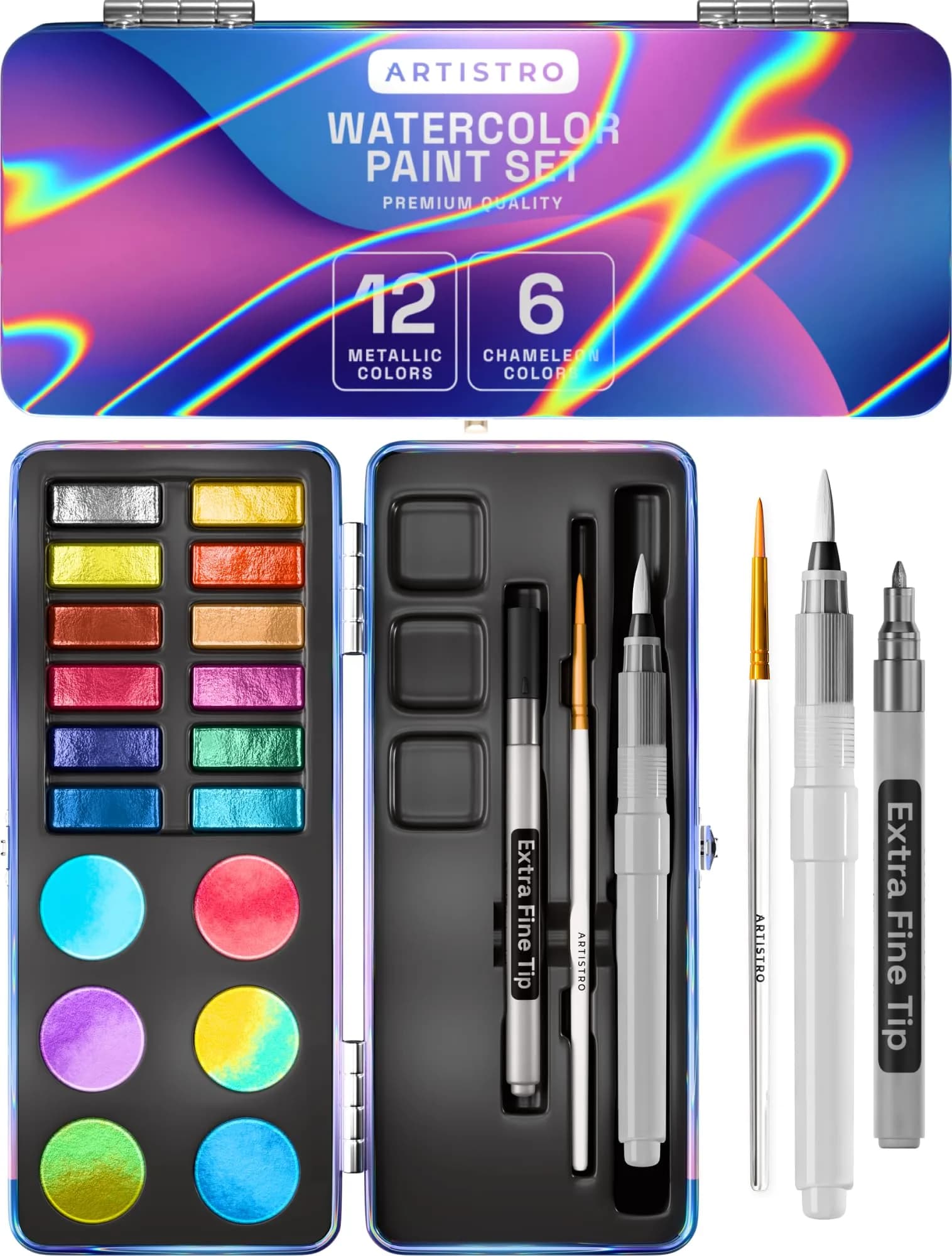 ARTISTRO Metallic Watercolor Paint Set with Palette & Brush Pens - 18 Color | High-Quality Artist Watercolors