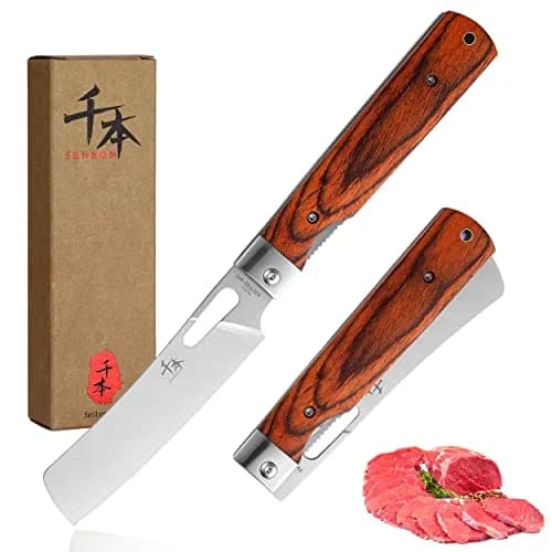 SENBON 440A Stainless Steel Folding Chef Knife 11.8cm (4.65in) Blade | Hand-Polished Olive Wood Handle thumbnail 1