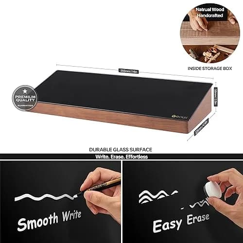 YEOUX Desktop Black Glass Dry Erase Board with Wood Organizers | Small Office Desk Whiteboard with Drawer thumbnail 2