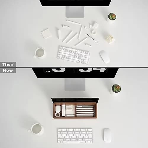 YEOUX Desktop Black Glass Dry Erase Board with Wood Organizers | Small Office Desk Whiteboard with Drawer thumbnail 4