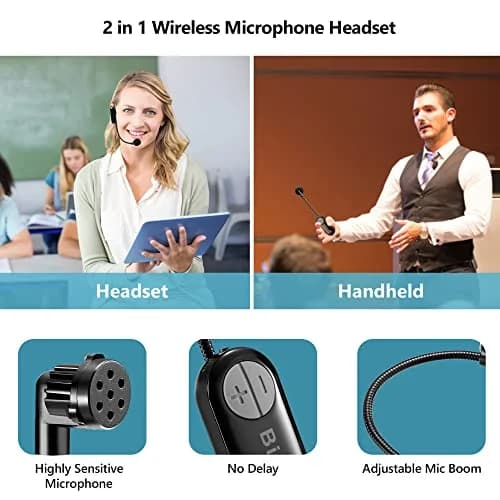 Bietrun Wireless Microphone Headset with 1/4'' Plug & Dual Mics | UHF 165ft Range, Rechargeable 6-Hr Battery, Black thumbnail 5