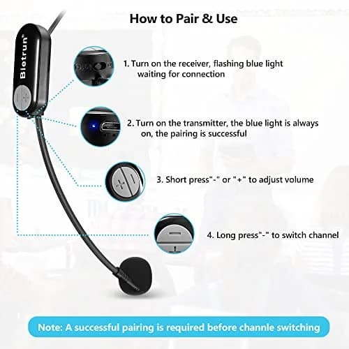 Bietrun Wireless Microphone Headset with 1/4'' Plug & Dual Mics | UHF 165ft Range, Rechargeable 6-Hr Battery, Black thumbnail 3