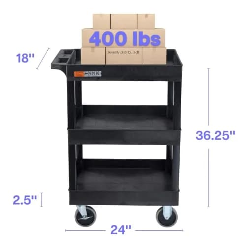 Luxor Utility Cart 24x18 inch | Heavy-Duty 3 Shelf Black, Made in USA (70-120c) thumbnail 7