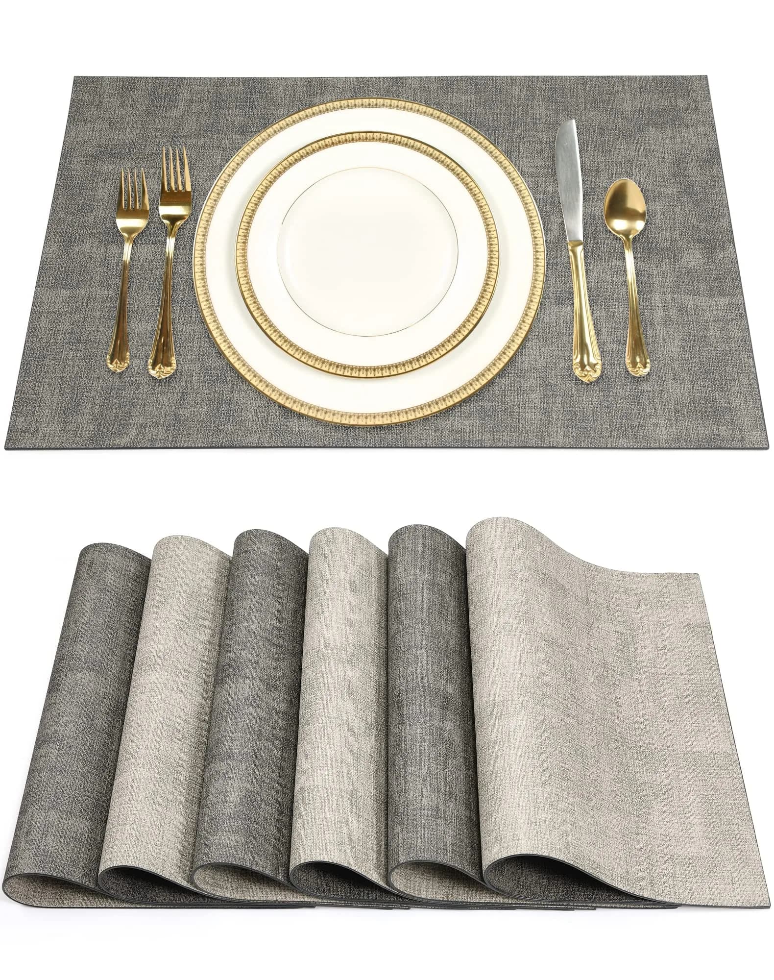 SUEH DESIGN Leather Placemats Set of 6 | Elegant Heat & Water Resistant Table Mats — A: Light Grey & Smoky Grey