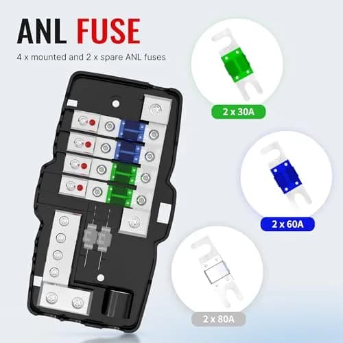 Joinfworld 4-Way Fused Power Distribution Block 12V DC | 0/4 Gauge Input to 4x 4-8 Gauge Output with LED Indicator thumbnail 5