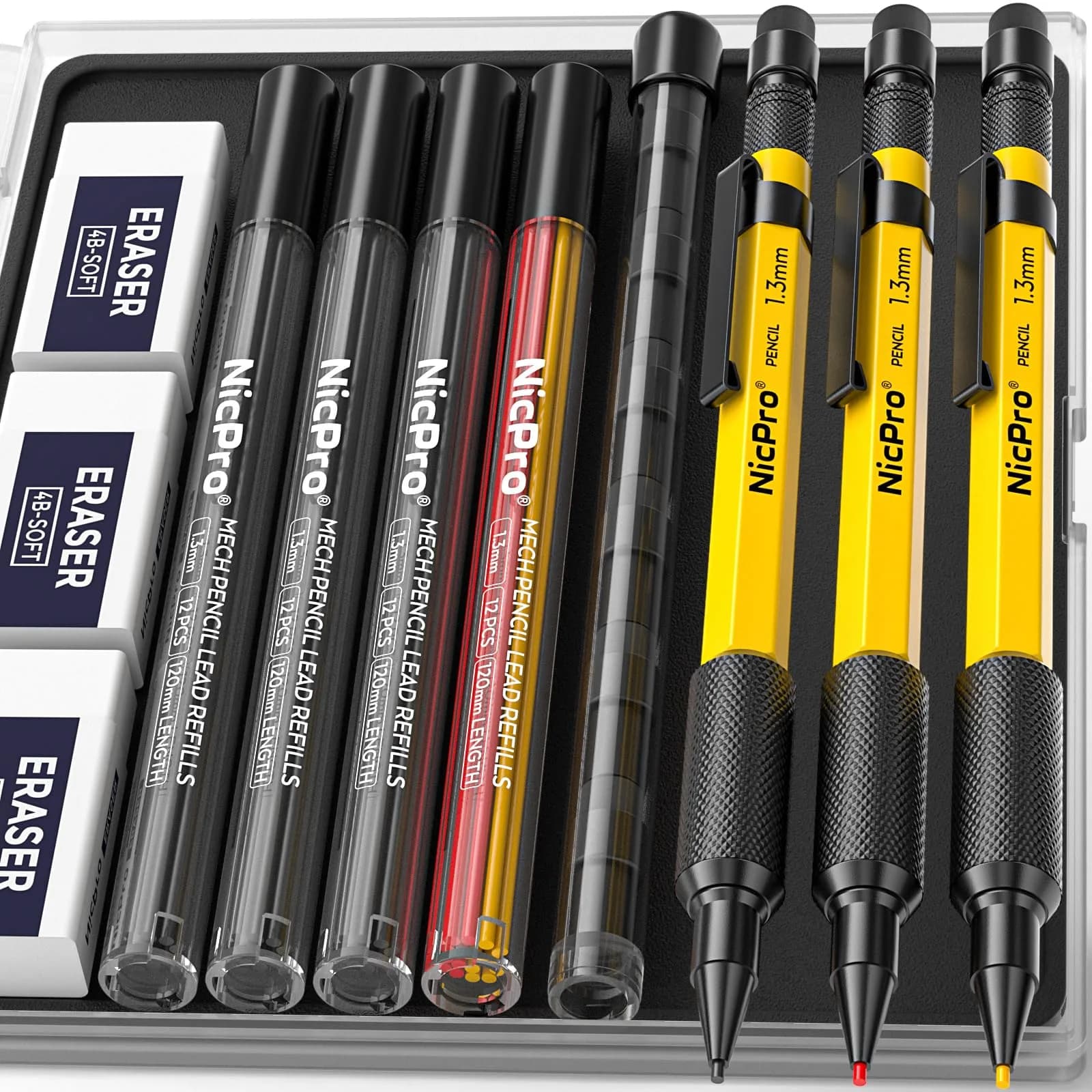 Nicpro 1.3mm Mechanical Pencils Set with 48 Lead Refills & 3 Erasers | 3-Pack (Black, Yellow, Red) | 0.21 kg (7.8 oz) — (Yellow)