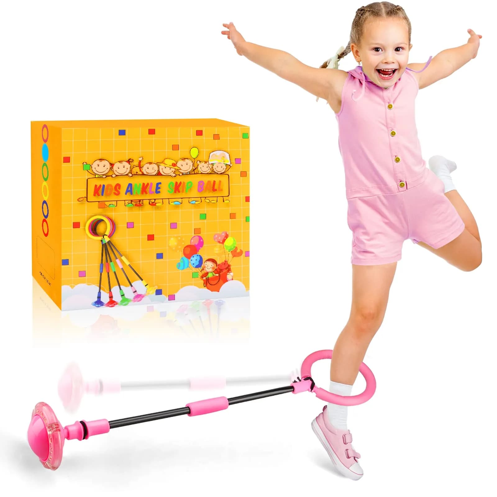 Chridark Ankle Skip Ball Toy with Flash Wheel, Foldable Portable Design, Blue | 0.34 kg (0.75 lb) — Pink