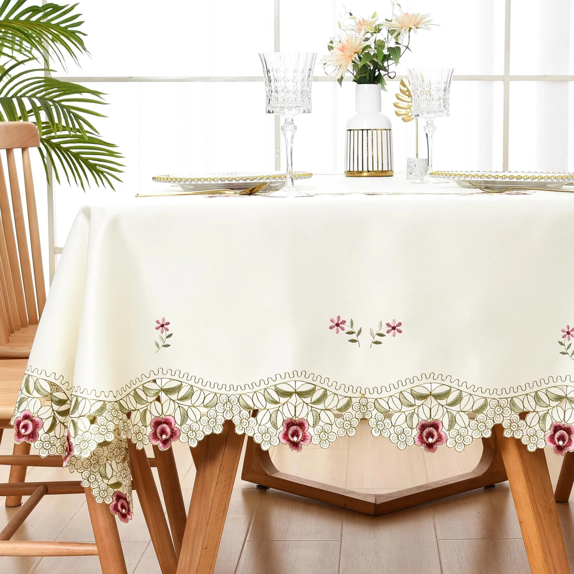 Wolkemer Jacquard Floral Embroidered Square Tablecloth 33 x 33 inch | Elegant Floral Design for Home & Events — 84" x 60" (Rectangular)