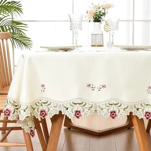 Wolkemer Jacquard Floral Embroidered Rectangle Tablecloth 60 x 84 inch (152.4 x 213.4 cm) | Elegant Beige Cutwork for Dining & Parties thumbnail 1