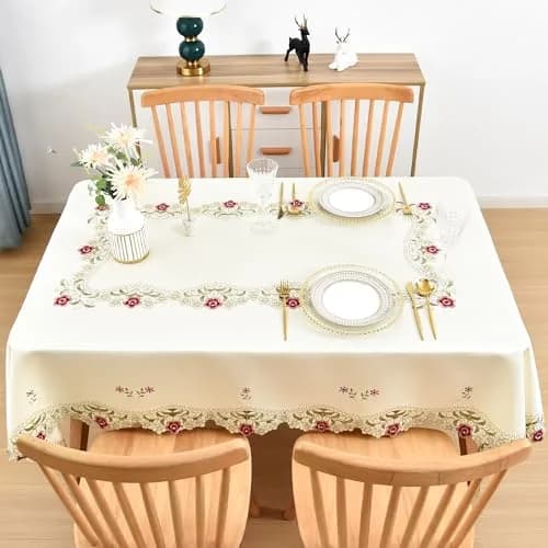 Wolkemer Jacquard Floral Embroidered Rectangle Tablecloth 60 x 84 inch (152.4 x 213.4 cm) | Elegant Beige Cutwork for Dining & Parties thumbnail 3