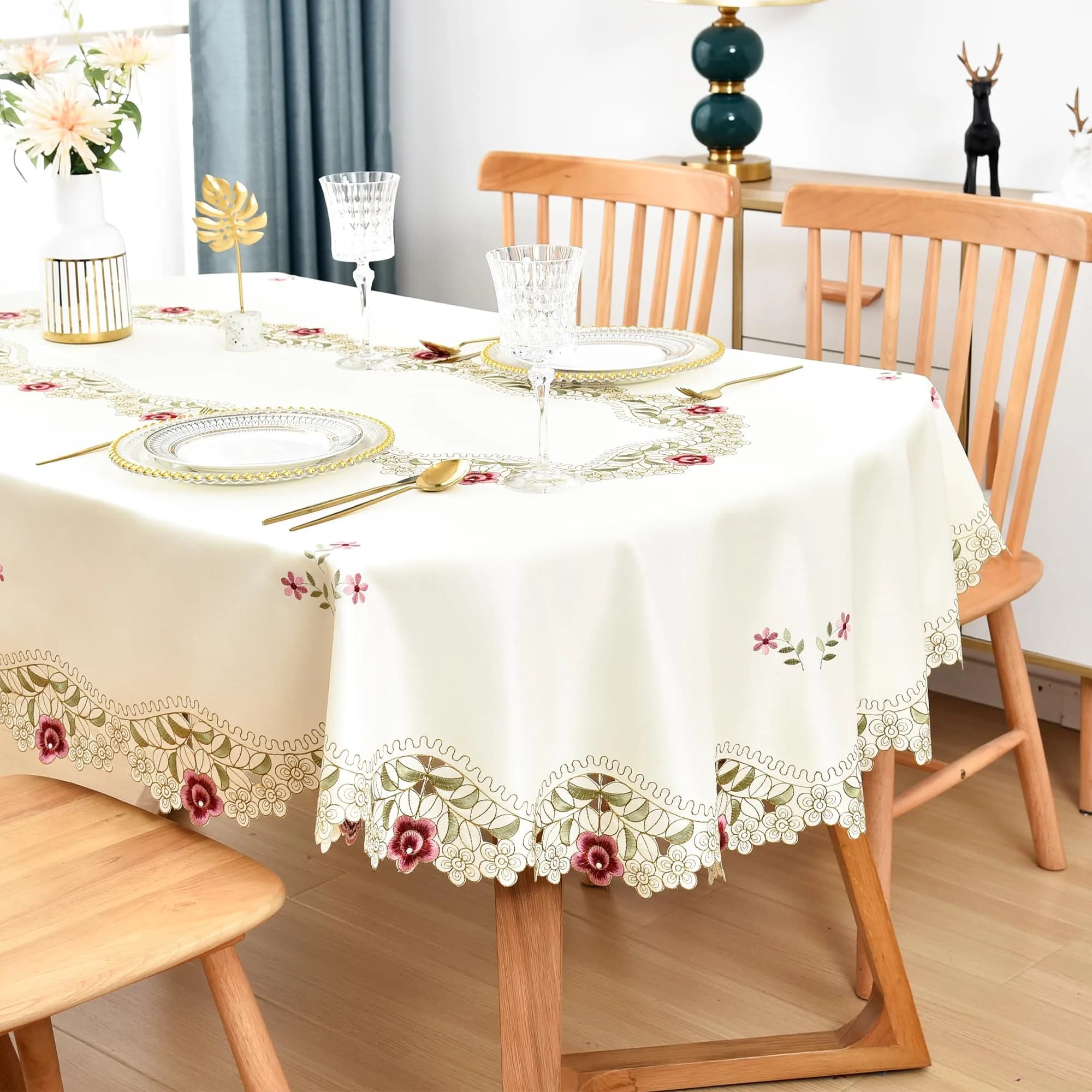 Wolkemer Jacquard Floral Embroidered Oval Tablecloth 60 x 84 inch | Elegant Rustic Style for Home & Events - main product image